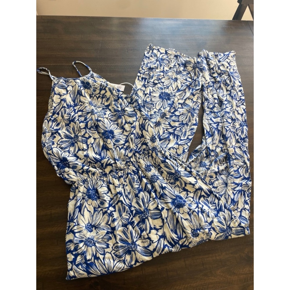 Baltic Born Floral Pant Romper Blue White Spaghetti Strap Smocked Waist S